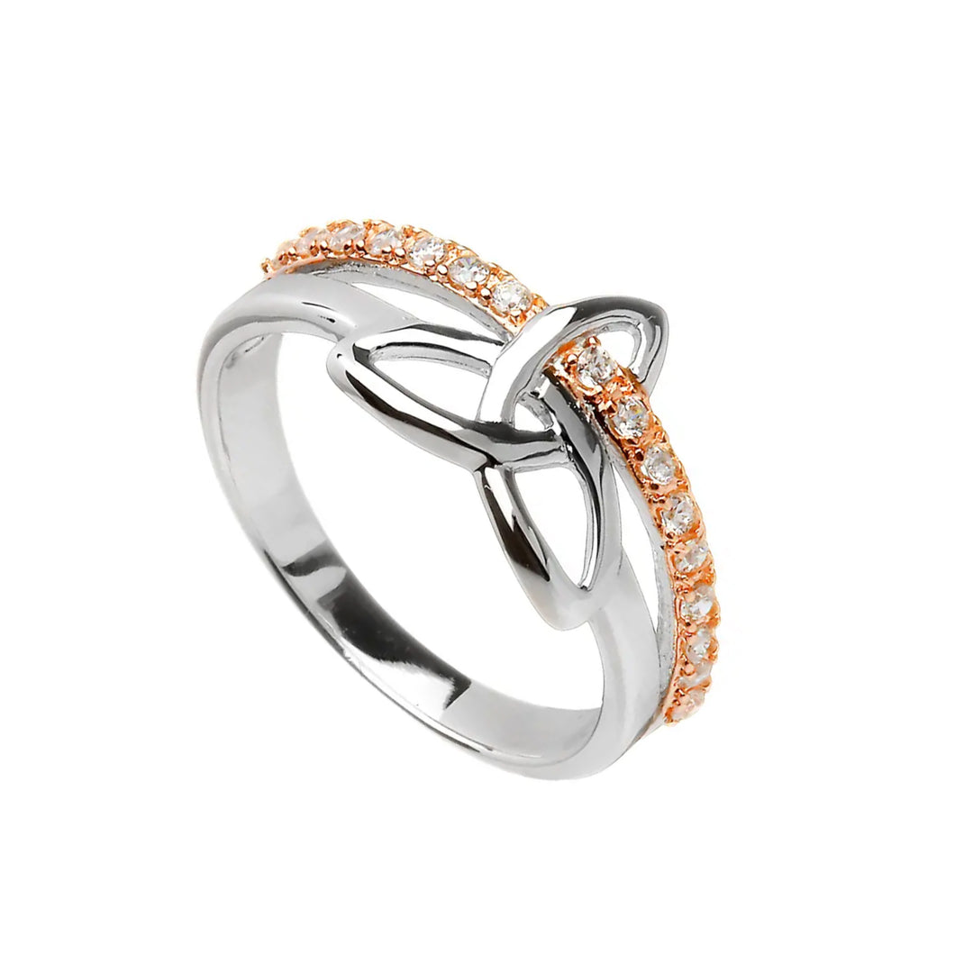 Silver Rose Gold CZ Trinity Knot Ring