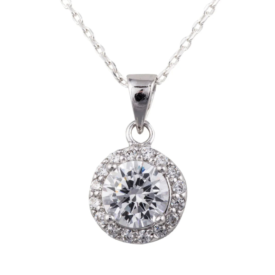 Silver Round CZ Halo Pendant Necklace