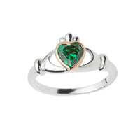 Silver and Rose Gold CZ Emerald Claddagh Ring