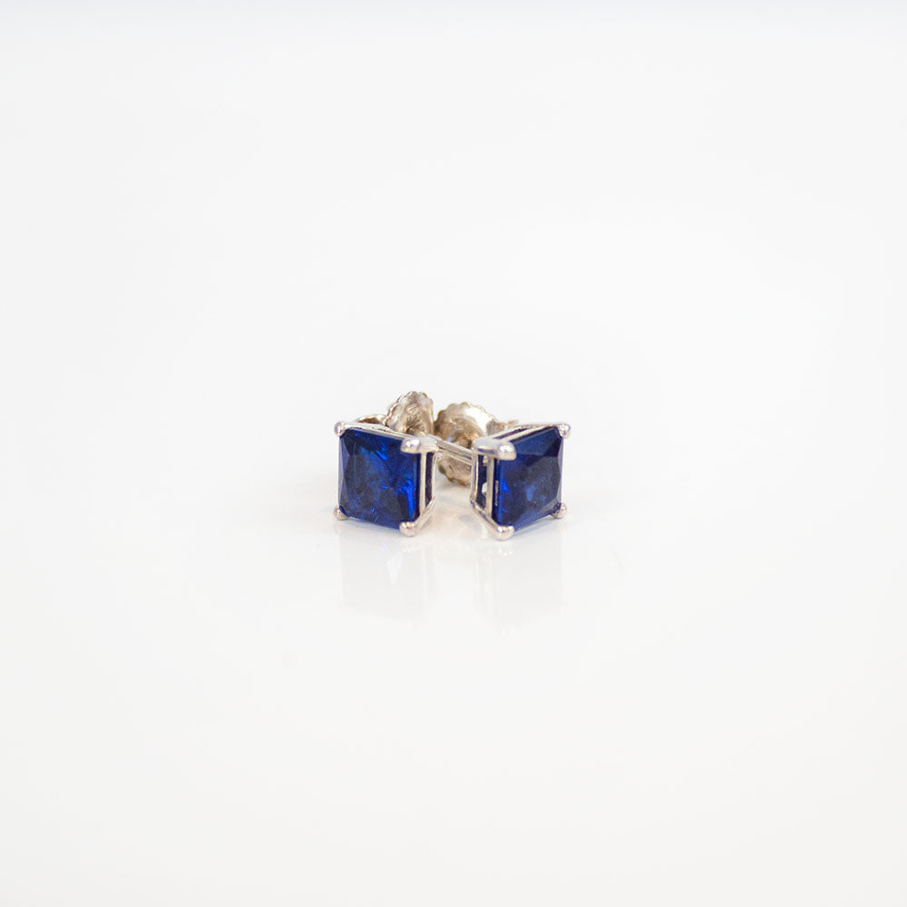 Silver Square CZ Blue Stud Earrings