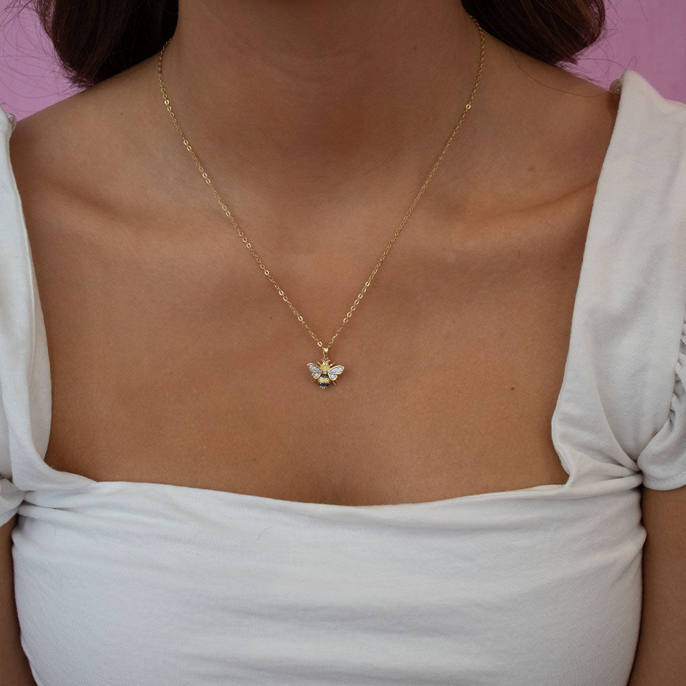 Gold Plated Honey CZ Bee Pendant Necklace