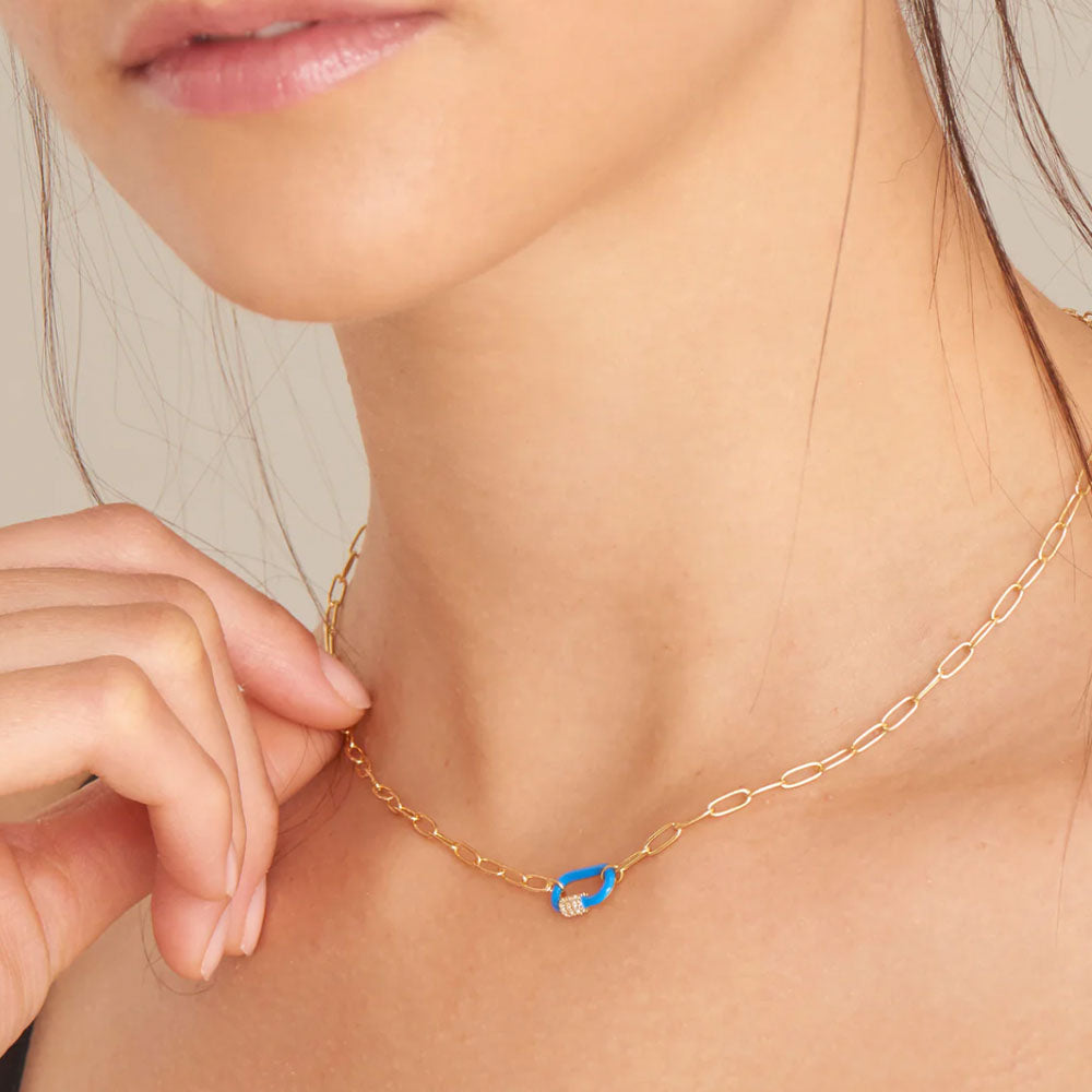 Gold Plated Neon Blue Carabiner Necklace