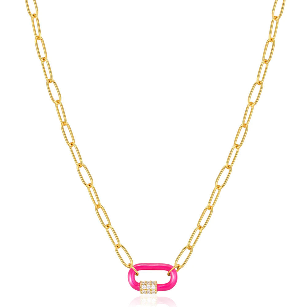 Gold Plated Neon Pink Enamel Carabiner Necklace