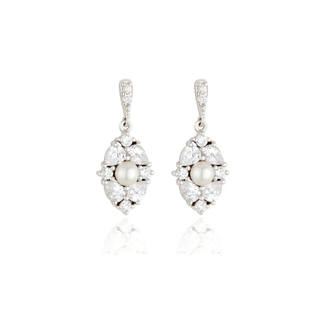 9ct Gold Pearl Centred CZ Cluster Drop Earrings