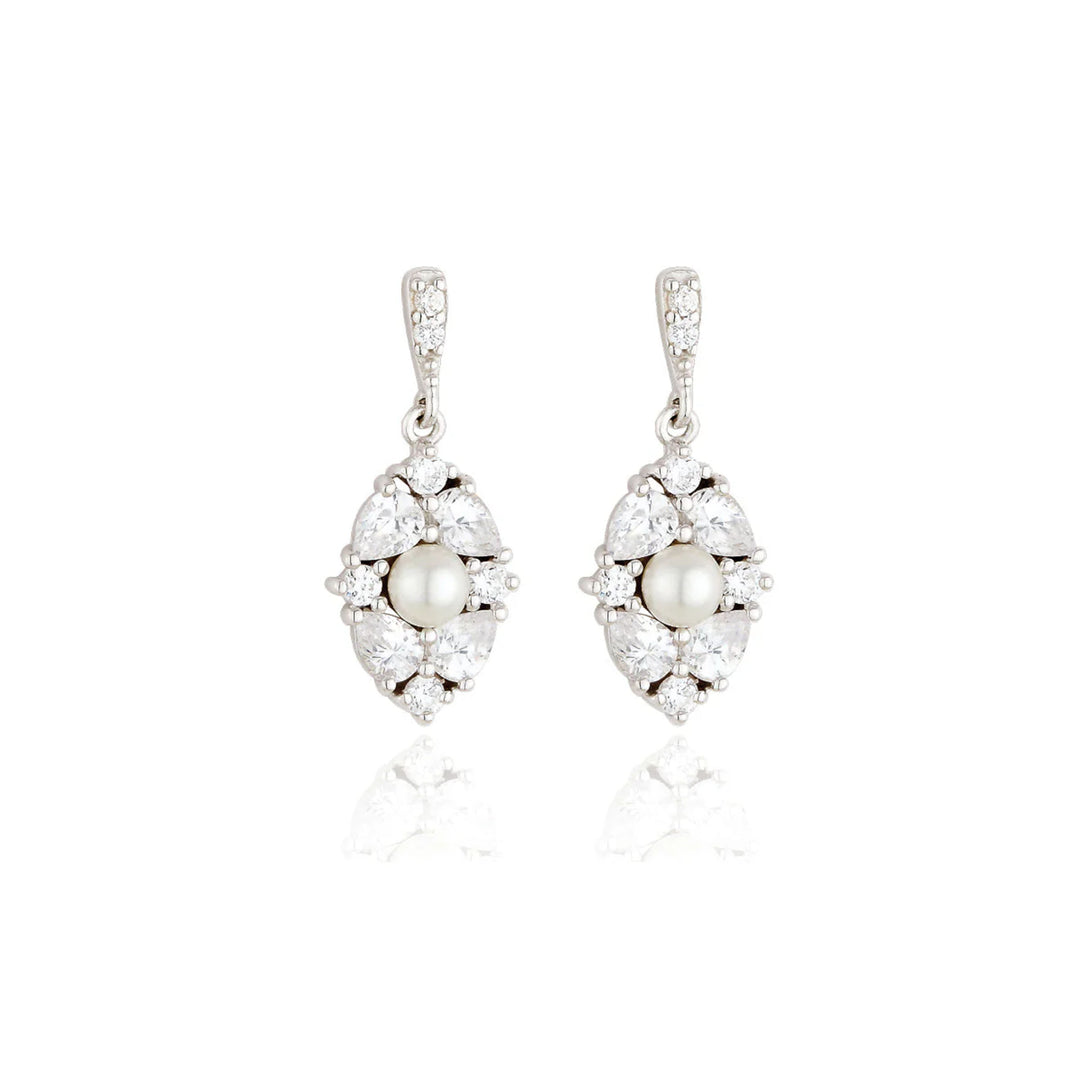 Silver Pearl Centred CZ Cluster Drop Earrings