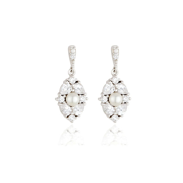 Silver Pearl Centred CZ Cluster Drop Earrings
