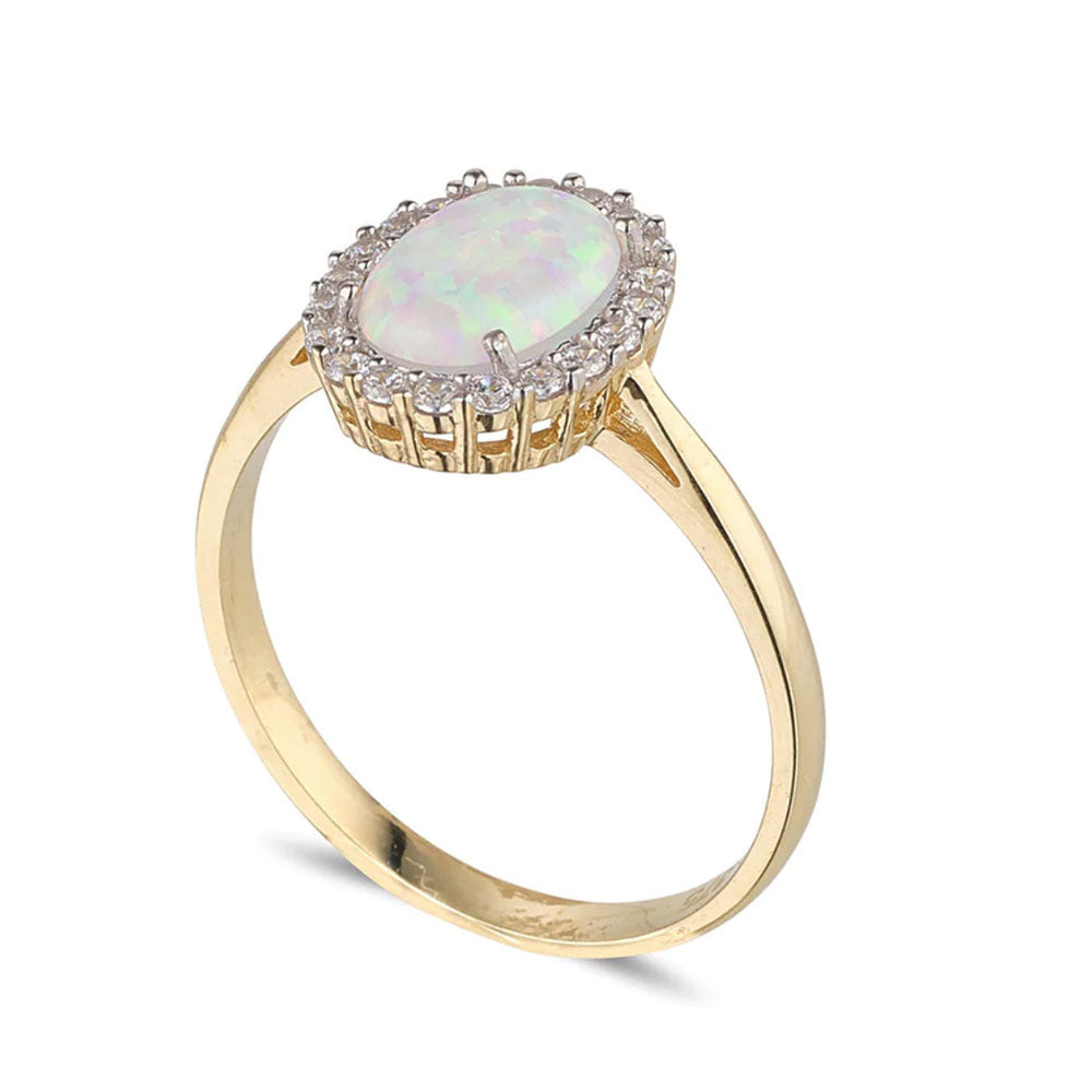 9ct Gold Oval Opal CZ Halo Ring
