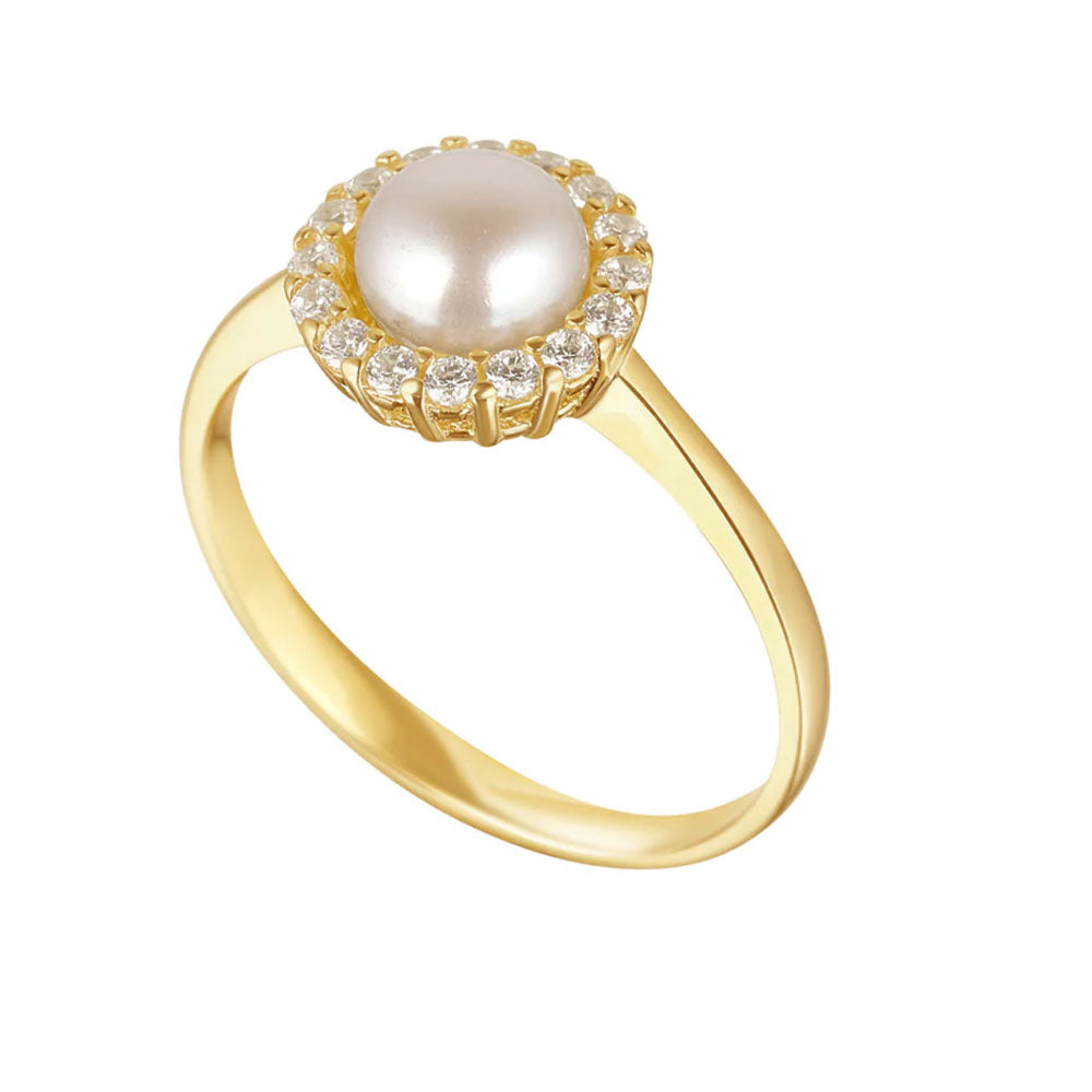 9ct Gold Pearl CZ Rim Ring