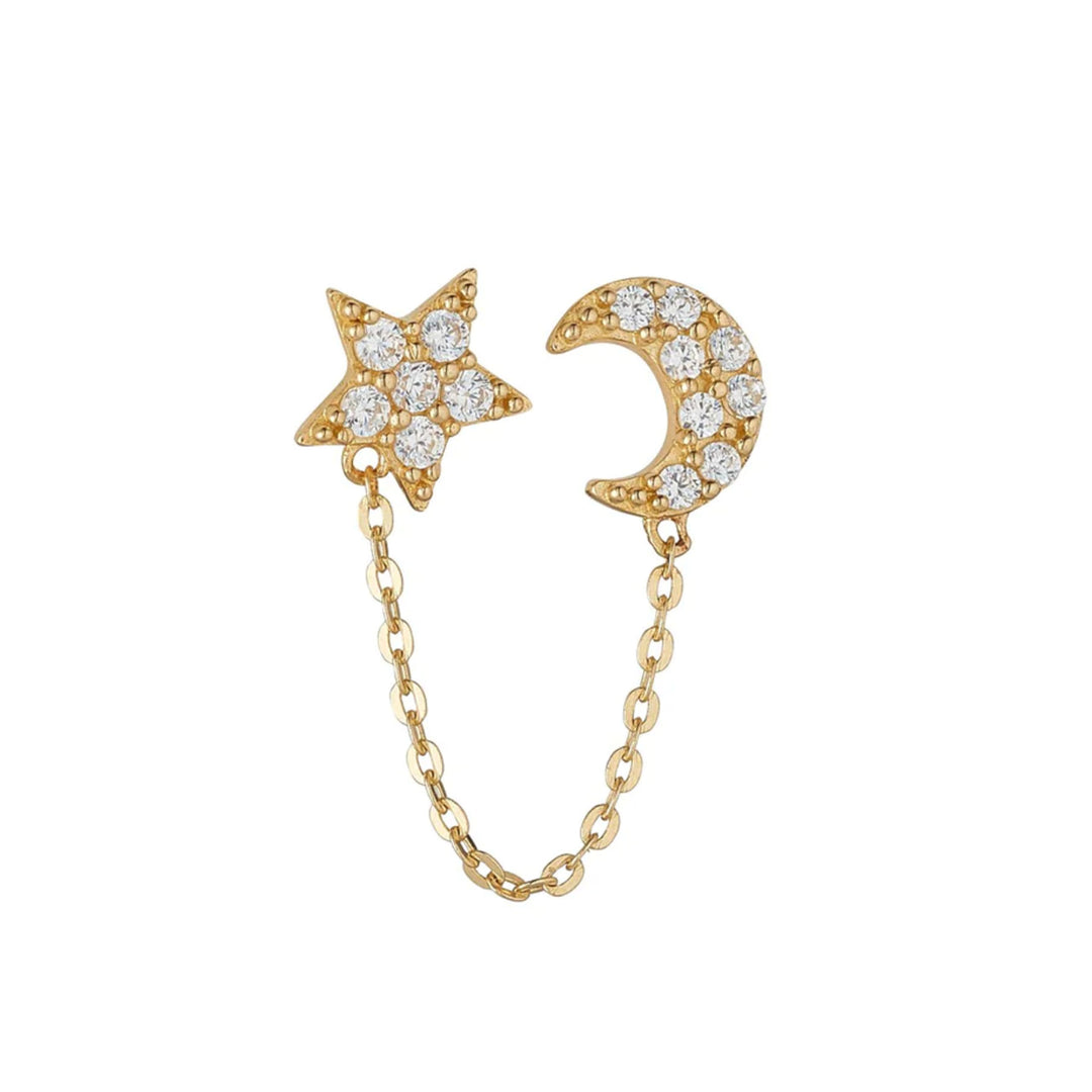 9ct Gold Single CZ Moon And Star Chain Stud