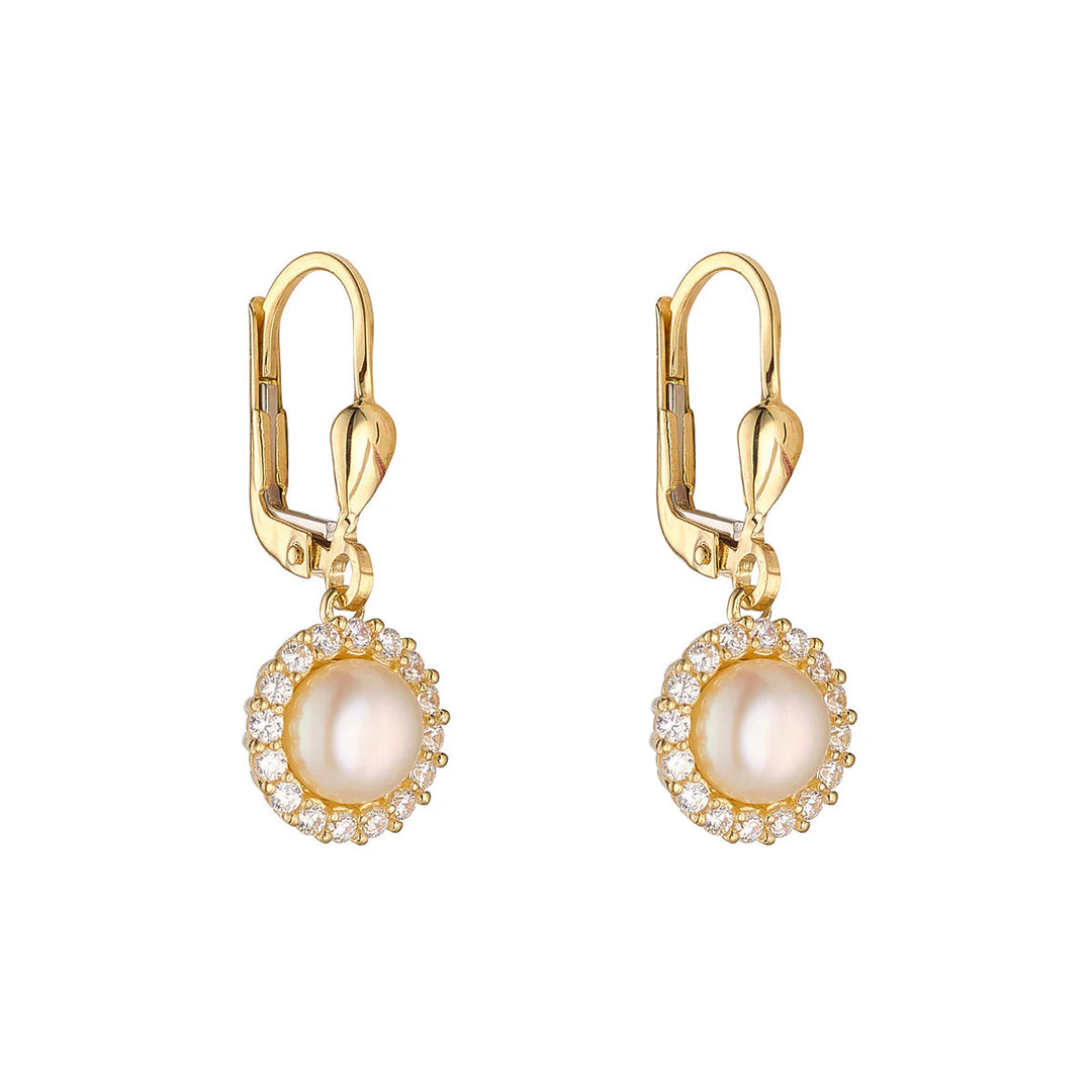 9ct Gold CZ Halo Pearl Drop Earrings