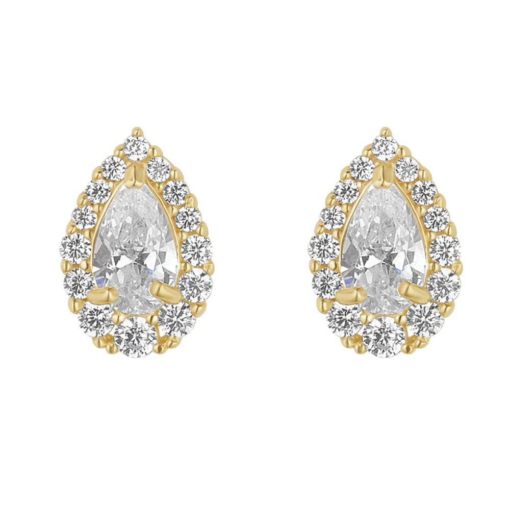 9ct Gold CZ Pear Halo Studs