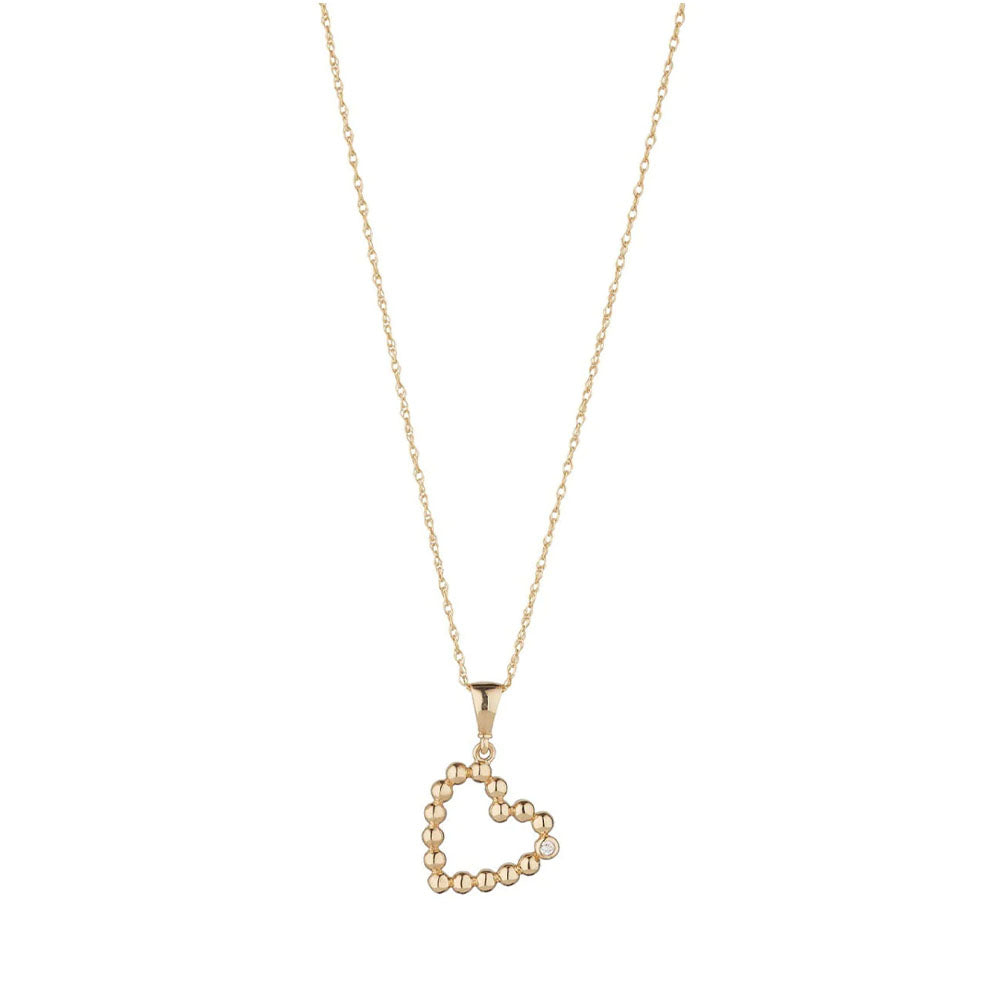9ct Gold Ball Beaded Heart CZ Pendant Necklace