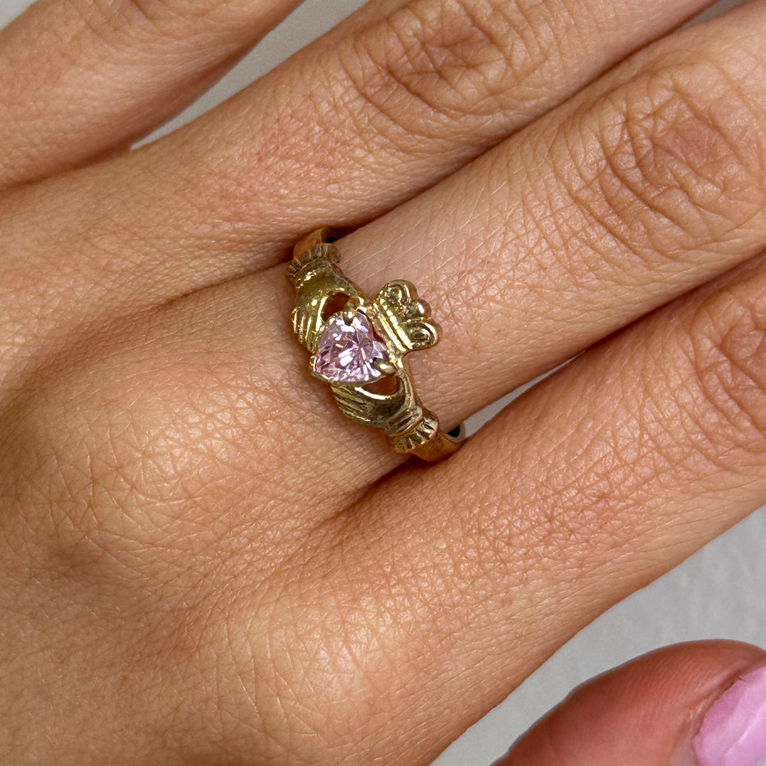 10ct Gold Pink CZ Aine Claddagh Ring