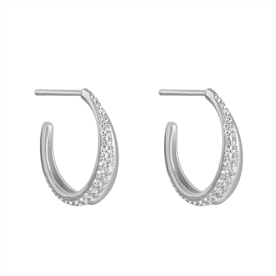 Silver CZ and Plain Open Hoop Earrings