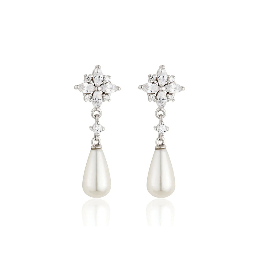 Silver CZ Flower Drop Pearl Stud Earrings