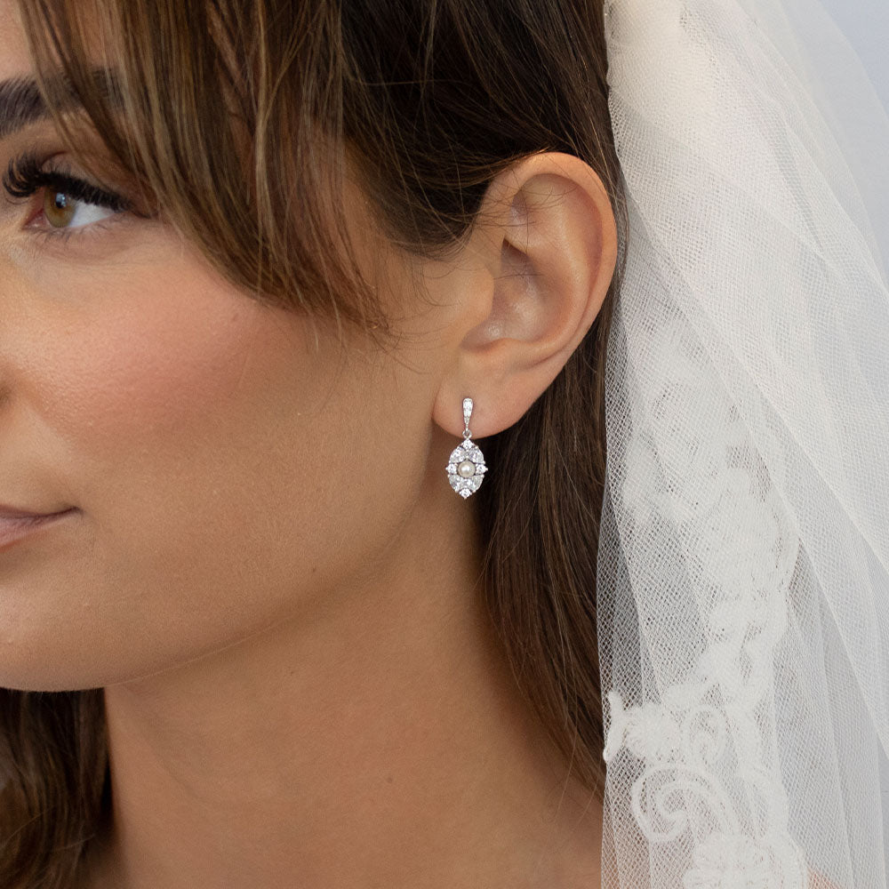 Silver Pearl Centred CZ Cluster Drop Earrings