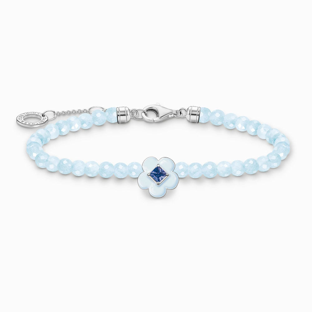 Silver Flower and Blue Jade Beaded Bracelet
