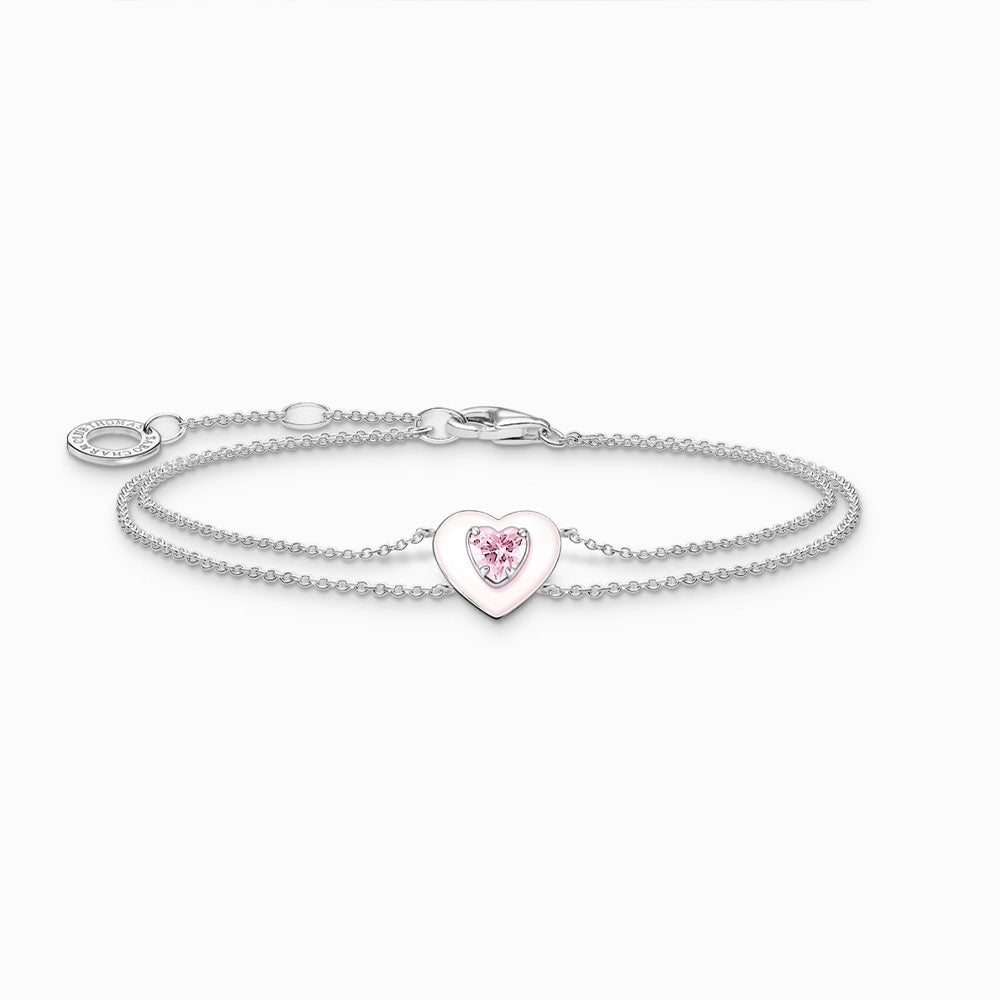 Silver Double Chain Pink Heart Stone Bracelet
