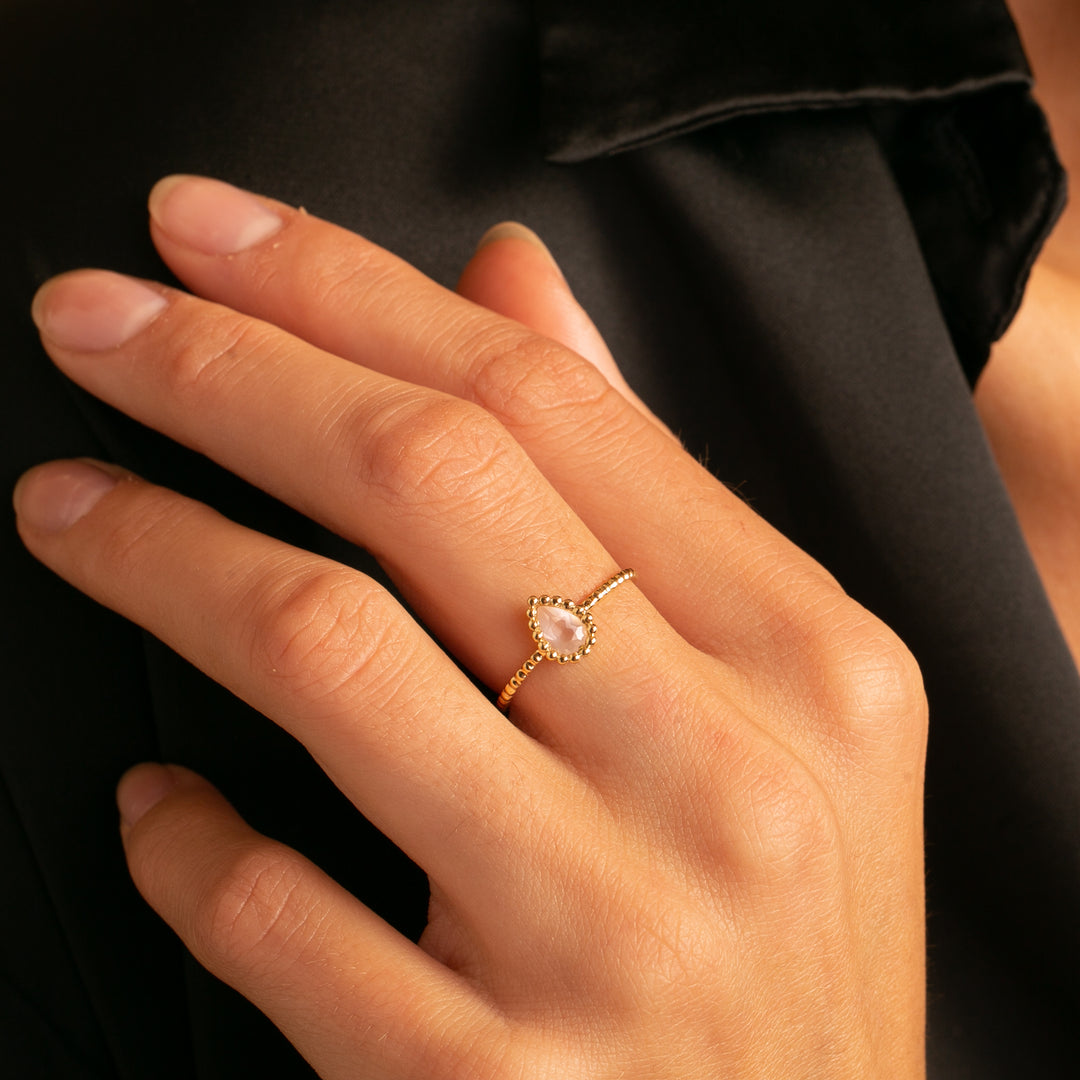 18ct Gold Pear Rose Quartz Beaded Ring