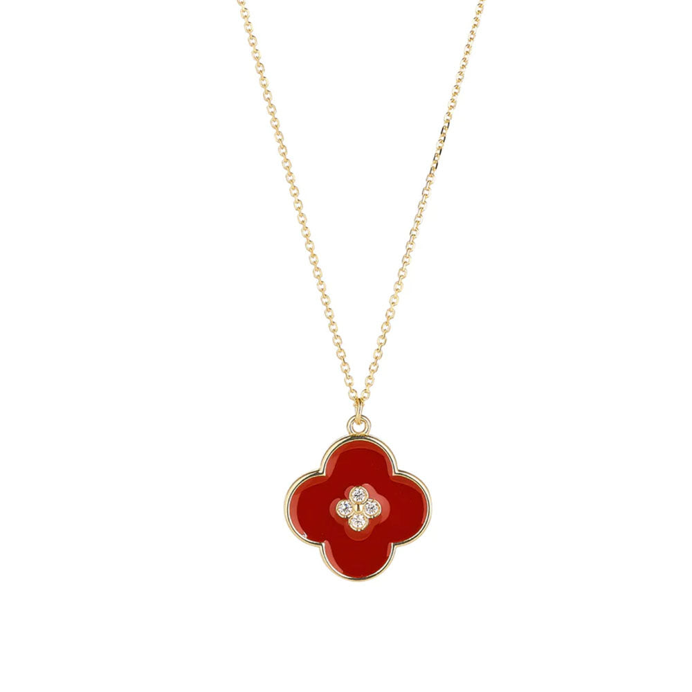 9ct Gold Red Enamel Flower CZ Necklace