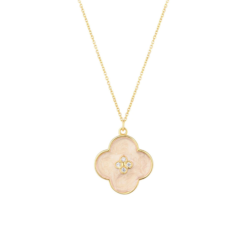 9ct Gold Mother of Pearl Enamel Flower CZ Necklace