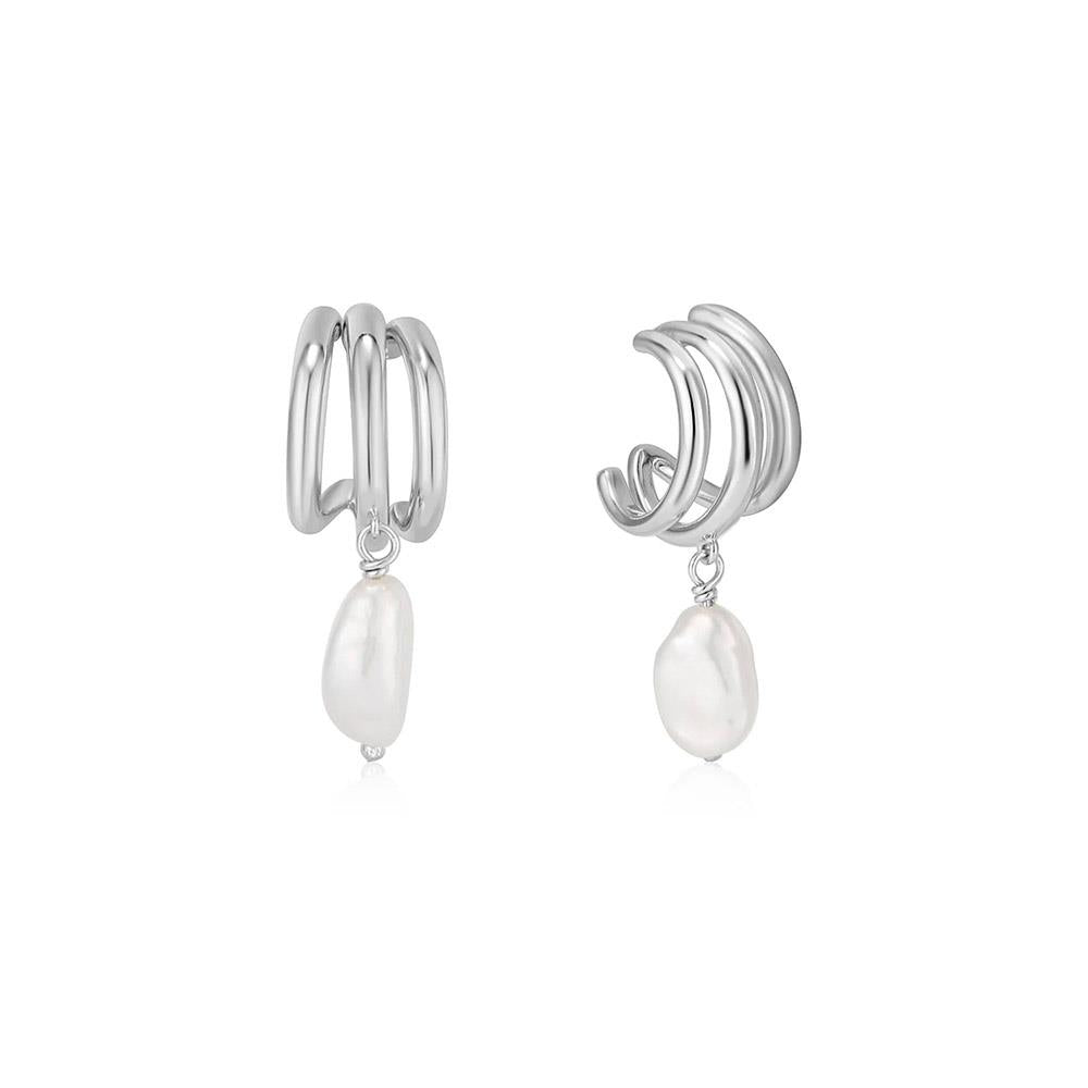 Silver Triple Mini Pearl Hoop Earrings