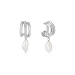 Load image into Gallery viewer, Silver Triple Mini Pearl Hoop Earrings
