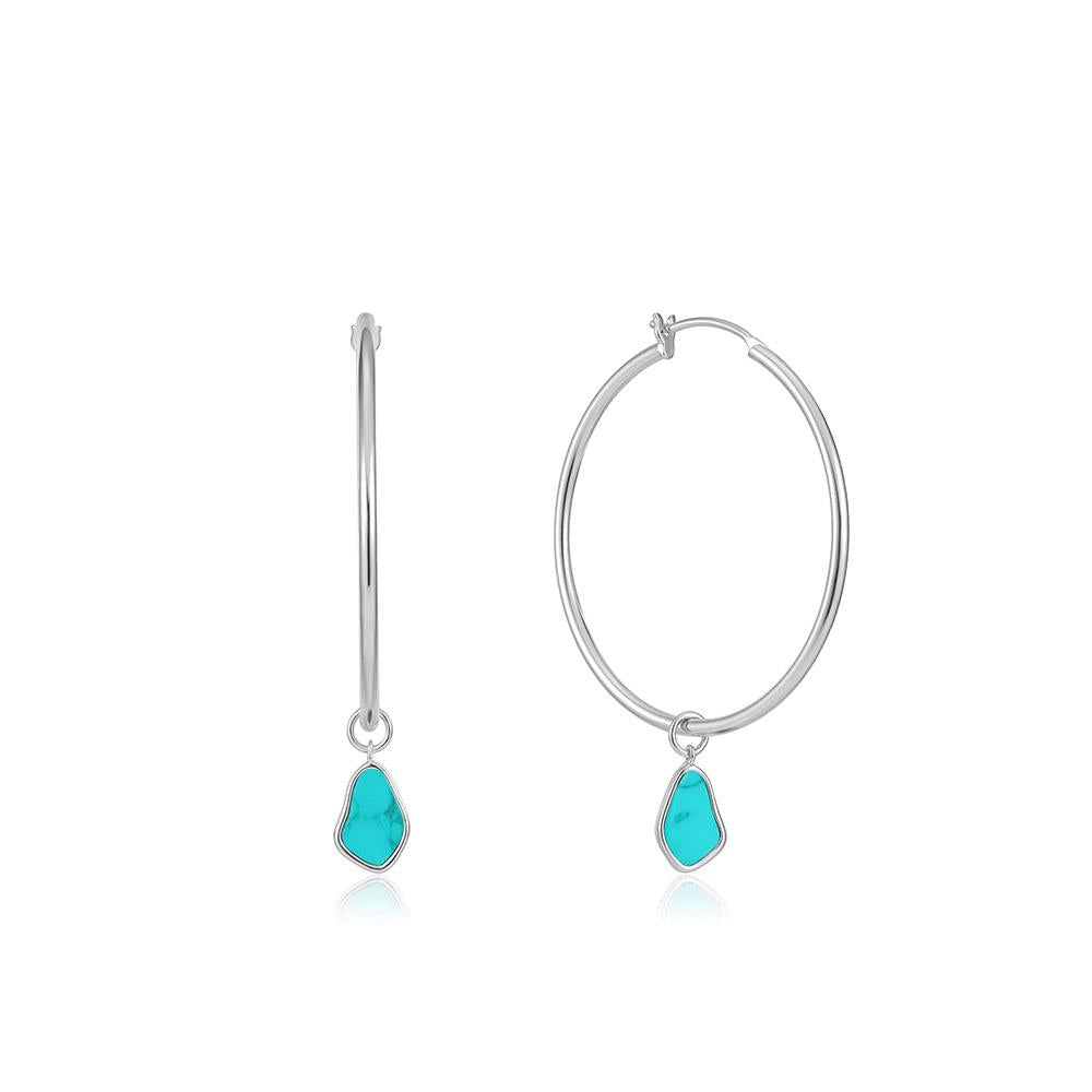 Silver Tidal Turquoise Drop Hoop Earrings