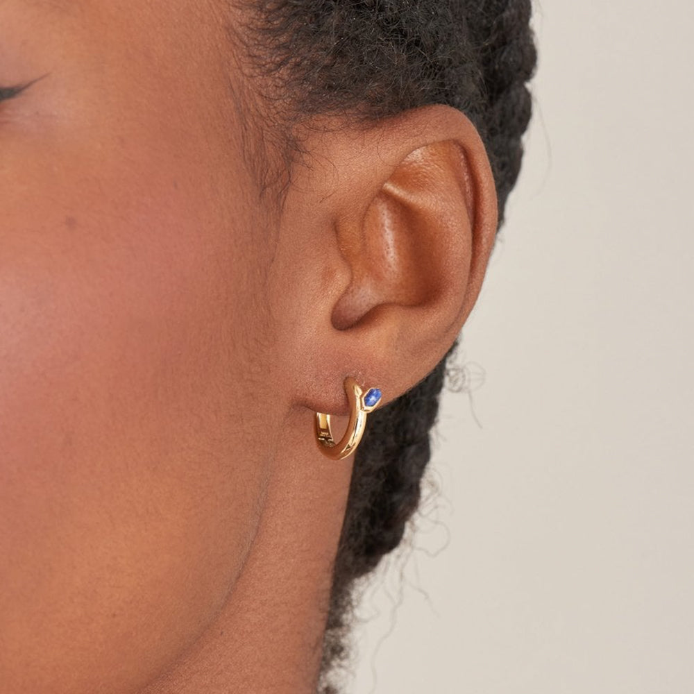 Gold Plated Lapis Emblem Huggie Hoop Earrings