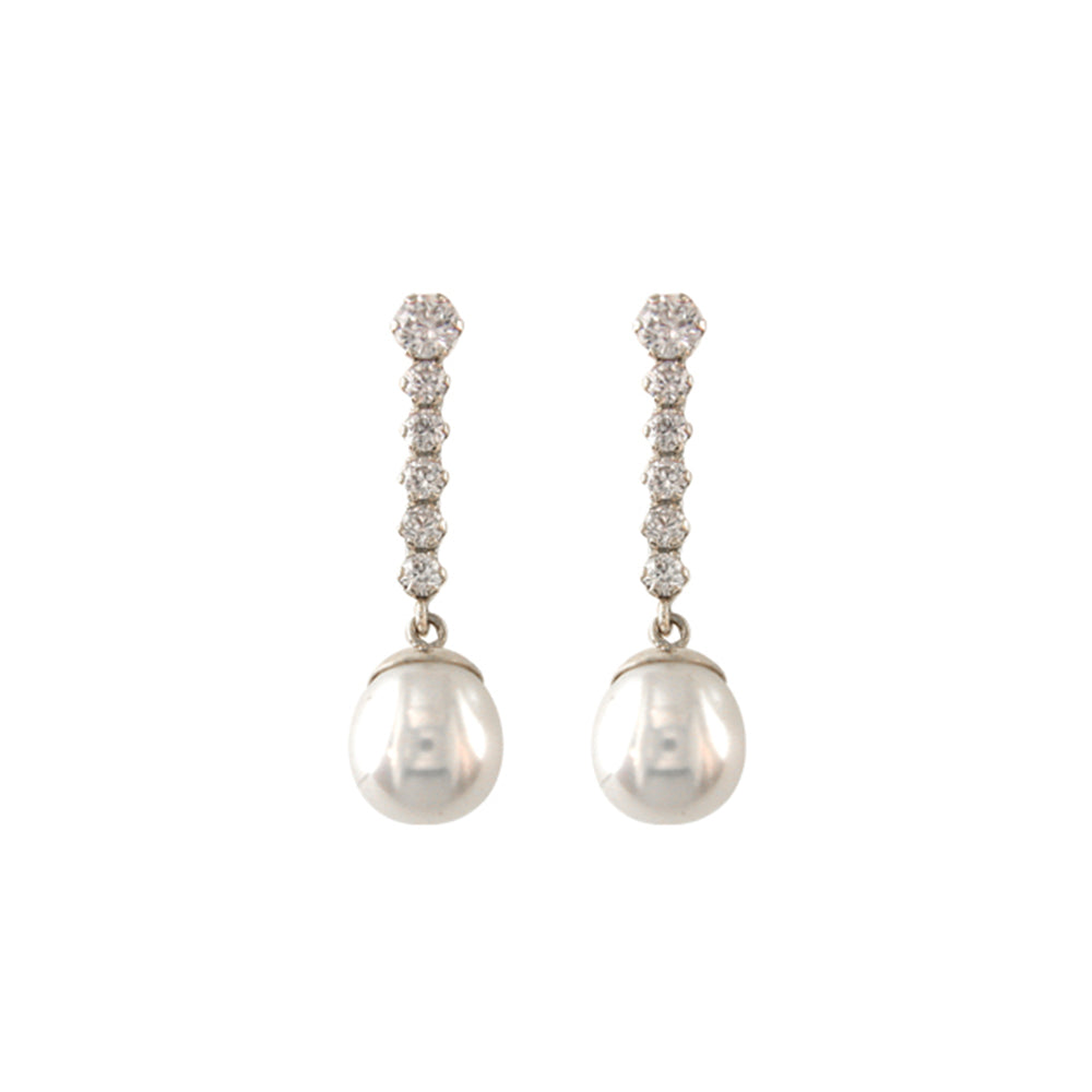 9ct White Gold Pearl CZ Drop Earrings