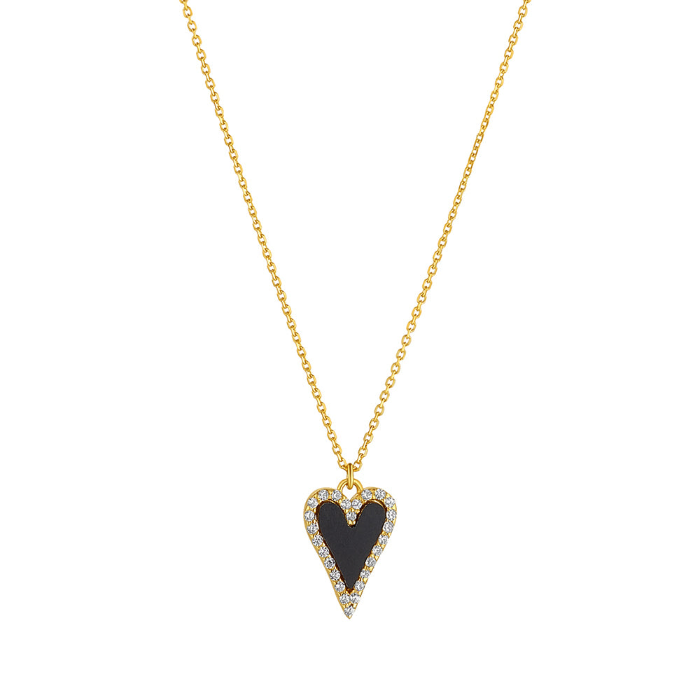 9ct Gold Black Onyx CZ Halo Heart Necklace