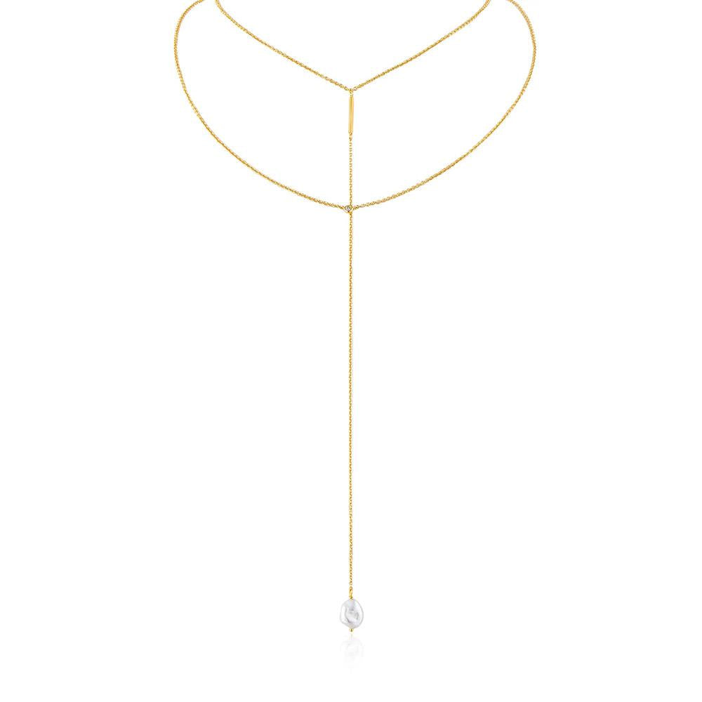 Gold Plated Pearl Lariat Necklace