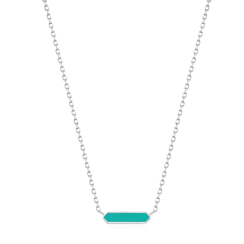 Silver Teal Enamel Bar Necklace