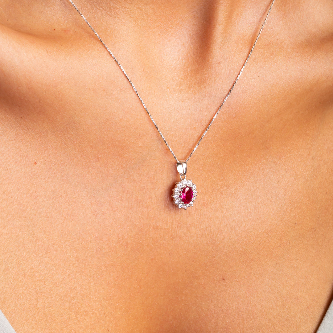 Silver Ruby Stone Cluster Pendant Necklace