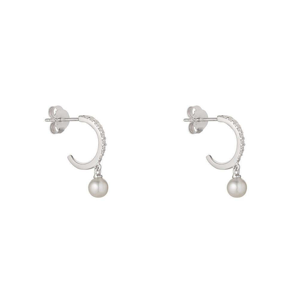Silver CZ Huggie Freshwater Pearl Drop Earrings