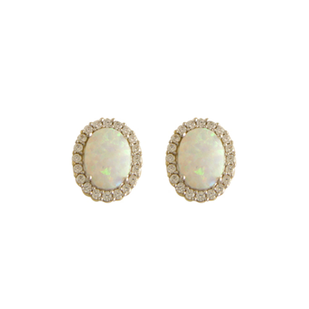 9ct Gold Oval Opal CZ Halo Stud Earrings
